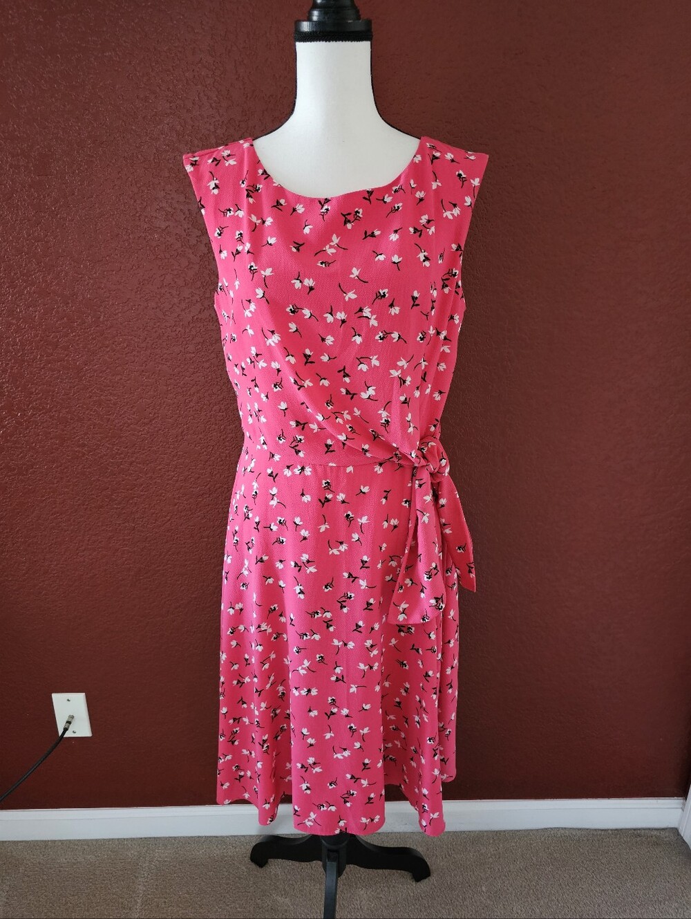 Tahari Hot Pink Floral Tie-Waist Midi Dress